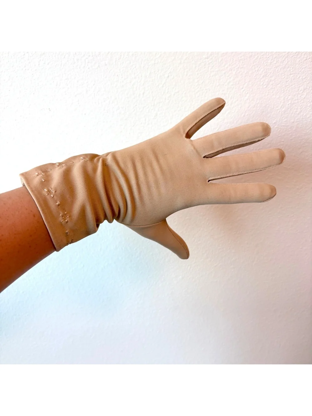 Vintage Taupe Embroidered Gloves  Mid-Century Style Tea Party Halloween Costume
